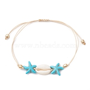 Synthetic Turquoise & Cowrie Shell Braided Starfish & Shell Shape Bead Bracelets for Women, Turquoise, Inner Diameter: 3-1/4 inch(8.3cm)(BJEW-JB10197-02)