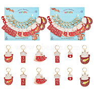 12Pcs 6 Style Alloy Enamel Fortune Cat Charm Locking Stitch Markers, with Gold Tone 304 Stainless Steel Leverback Earring Findings, Red, 3.5~5.3cm, 2pcs/style(HJEW-PH01640)