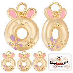 6Pcs Brass Enamel Pendants, with Jump Ring, Rabbit with Flower, Real 12K Gold Plated, 16.5x13x3.7mm, Hole: 3mm(KK-BBC0004-25)