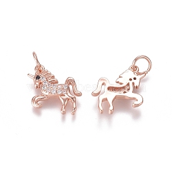 Brass Micro Pave Clear Cubic Zirconia Pendants, with Jump Rings, Unicorn, Rose Gold, 16.5x12x2.5mm, Jump Ring: 5x0.7mm, Inner Diameter: 3.6mm(ZIRC-I036-06RG)
