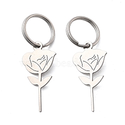 304 Stainless Steel Keychain, Flower, Stainless Steel Color, 42mm(KEYC-V001-01P)