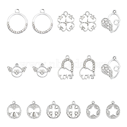 32Pcs 8 Style Valentine's Day UV Plated Alloy Pendants, with Crystal Rhinestone, Heart & Flat Round & Clover & Ring, Platinum, 15~26x15~21.5x2~4mm, Hole: 1.6~3mm, 4Pcs/style(FIND-CA0006-73)