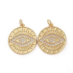 Brass Micro Pave Clear Cubic Zirconia Pendants, with Jump Rings, Long-Lasting Plated, Flat Round with Evil Eye, Golden, 20x17.5x1.5mm, Hole: 2.7mm(ZIRC-L076-021G)