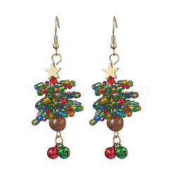 Glass Seed Beaded Dangle Earrings, with Natural Gemstone Beads and Brass Bell Charms, 304 Stainless Steel Earring Hooks, Christmas Tree, Colorful, 69x21mm(EJEW-MZ00170)