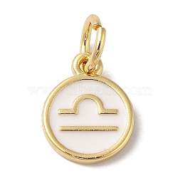 Real 18K Gold Plated Brass Enamel Charms, with Jump Ring, Long-Lasting Plated, Lead Free & Cadmium Free, Flat Round with Libra Charms, White, 10x8x1mm, Hole: 4mm(KK-L216-001G-K02)