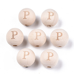 Unfinished Natural Wood European Beads, Large Hole Beads, Laser Engraved Pattern, Round with Word, Letter.P, 15~16x14~15mm, Hole: 4mm(WOOD-S045-143A-01P)
