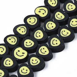 Handmade Polymer Clay Bead Strands, Halloween Style, Heart with Smiling Face, Champagne Yellow, 8~9x9.5x4~5mm, Hole: 1.4mm, about 40pcs/strand, 12.99 inch(33cm)(CLAY-S096-033)