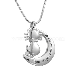 316L Surgical Stainless Steel Moon with Pet Urn Ashes Pendant Necklace, Word You Left Paw Prints On My Heart Memorial Jewelry for Women, Cat Pattern, Pendant: 40x30mm(BOTT-PW0005-20B)