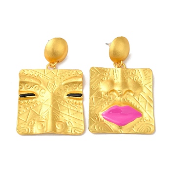 Alloy Square Dangle Stud Earrings, Abstract Human Face Asymmetrical Earrings, Golden, 54x32mm