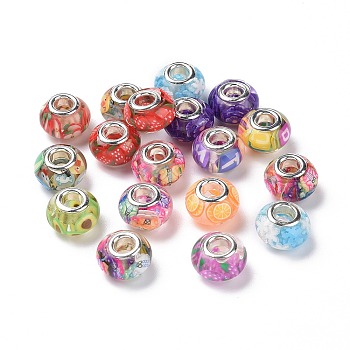Transparent Resin European Rondelle Beads, Large Hole Beads, with Polymer Clay and Platinum Tone Alloy Double Cores, Mixed Color, 14x8.5mm, Hole: 5mm