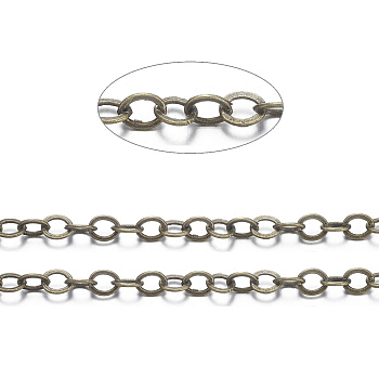 Brass Flat Oval Cable Chains, Unwelded, with Spool, Cadmium Free & Nickel Free & Lead Free, Antique Bronze, 3.5x3x0.5mm, about 32.8 Feet(10m)/roll