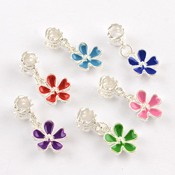 Silver Color Plated Flower Metal Alloy Enamel European Dangle Charms, with Iron Findings, Large Hole Pendants, Mixed Color, 26x12x7mm, Hole: 5mm