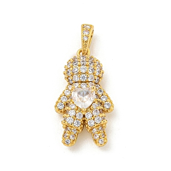 Rack Plating Brass Clear Cubic Zirconia Pendants, Long-Lasting Plated, Cadmium Free & Lead Free, Boy with Heart, Real 18K Gold Plated, 22.5x13.5x6mm, Hole: 5x2.5mm