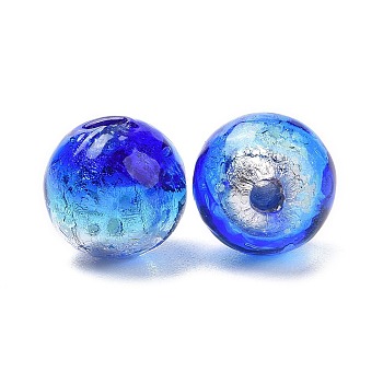 Handmade Silver Foil Glass Beads, Luminous Style, Glow in the Dark, Round, Blue, 10mm, Hole: 1.4mm