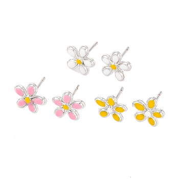 Rack Plating Flower Brass Stud Earrings, with Enamel, Long-Lasting Plated, Lead Free & Cadmium Free, Platinum, Mixed Color, 10x10mm