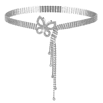 Iron Glass Rhinestone Cup Chain Belt with Brass Butterfly Buckle, Sparkling Waist Belt for Shirt Dress Decoration, Gray, 44-1/8 inch(112cm)