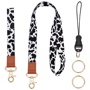 Adjustable Mobile Phone Lanyard, Cute Polyester Shoulder Neck Strap, Wrist Strap, 2 Key Rings and Detachable Mobile Phone Strap, Cow Pattern, 510~512x20x1mm