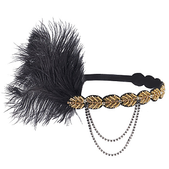 Elastic Feather Headbands, with Rhinestone and Polyester, Goldenrod, 230x19x8mm