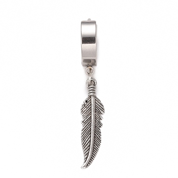 Stainless Steel Feather Dangle Hoop Earrings, Hip-hop Punk Jewelry for Women, Stainless Steel Color, 42.5x14x4mm, Pin: 0.9mm