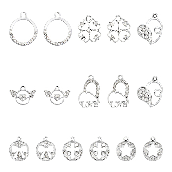 32Pcs 8 Style Valentine's Day UV Plated Alloy Pendants, with Crystal Rhinestone, Heart & Flat Round & Clover & Ring, Platinum, 15~26x15~21.5x2~4mm, Hole: 1.6~3mm, 4Pcs/style