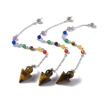 Natural Tiger Eye Cone Dowsing Pendulum Pendants, with Chakra Gemstone Round Beads, Rack Plating Platinum Tone Brass Findings & Chains, 235mm
