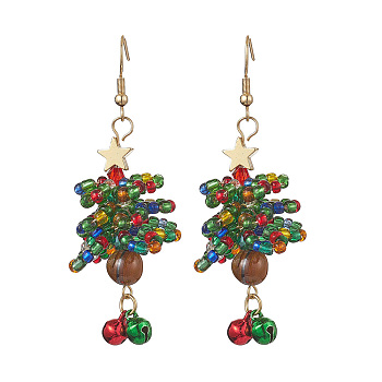 Glass Seed Beaded Dangle Earrings, with Natural Gemstone Beads and Brass Bell Charms, 304 Stainless Steel Earring Hooks, Christmas Tree, Colorful, 69x21mm