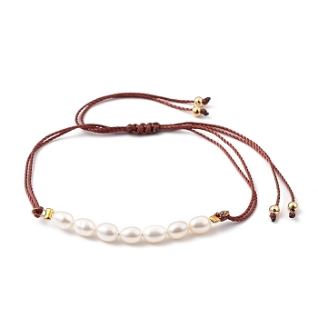 Adjustable Nylon Cord Braided Bead Bracelets, with Natural Cultured Freshwater Pearl Beads and Golden Plated Brass Beads, Saddle Brown, Inner Diameter: 1/2 inch~3-3/4 inch(1.4~9.5cm)