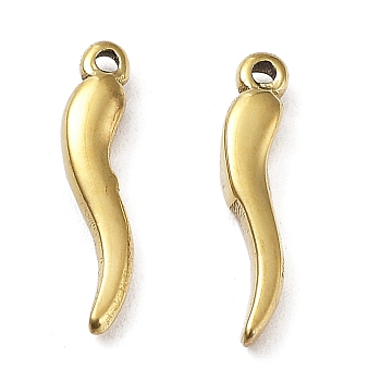 Ion Plating(IP) 304 Stainless Steel Charms, Horn of Plenty/Italian Horn Cornicello Charms, Real 18K Gold Plated, 13x3x2mm, Hole: 0.8mm