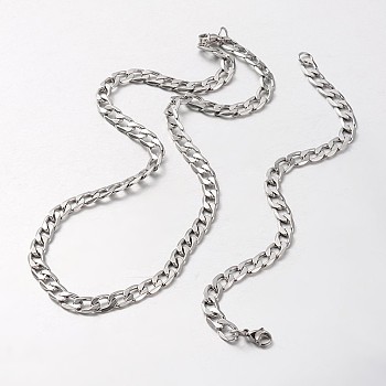 304 Stainless Steel Curb Chain Necklaces and Bracelets Sets, with Stainless Steel Lobster Clasps, Faceted, Stainless Steel Color, 21.65 inch(550mm), 220mm(8-5/8 inch)