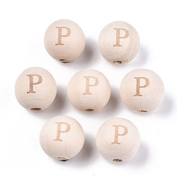 Unfinished Natural Wood European Beads, Large Hole Beads, Laser Engraved Pattern, Round with Word, Letter.P, 15~16x14~15mm, Hole: 4mm
