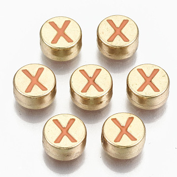 Alloy Enamel Beads, Cadmium Free & Lead Free, Flat Round with Initial Letters, Light Gold, Orange, Letter.X, 8x4mm, Hole: 1.5mm