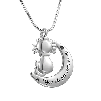 316L Surgical Stainless Steel Moon with Pet Urn Ashes Pendant Necklace, Word You Left Paw Prints On My Heart Memorial Jewelry for Women, Cat Pattern, Pendant: 40x30mm