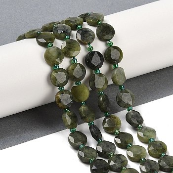 Natural Chinese Southern Jade Beads Strands, Faceted Pentagonal Cut, Flat Round, with Seed Beads, 10~10.5x5~6mm, Hole: 1mm, about 32~33pcs/strand, 15.75''(40cm)