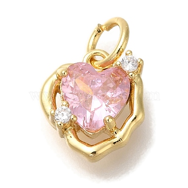 Real 18K Gold Plated Pink Heart Brass+Cubic Zirconia Charms