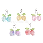 Transparent Spray Painted Glass Pendants, Strawberry, with Acrylic Leaf Charm & 304 Stainless Steel Open Jump Rings, Mixed Color, 29x14x11mm, Hole: 3.5mm(PALLOY-JF04540)