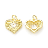 Rack Plating Brass Micro Pave Clear Cubic Zirconia Charms, with Jump Rings, Cadmium Free & Lead Free, Long-Lasting Plated, Heart with Wing Charm, Real 18K Gold Plated, 13x14x4mm, Hole: 3mm(KK-C011-39G)