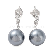 Shell Pearl Round Dangle Stud Earrings with Cubic Zirconia, Rhodium Plated 925 Sterling Silver Earrings, with 925 Stamp, Real Platinum Plated, 30x12.5mm(EJEW-Z024-06P)