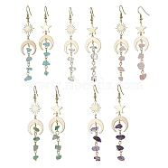 Moon & Sun & Star Brass Asymmetrical Earrings, Natural Mixed Gemstone Chips Tassel Earrings, 76~85x18mm(EJEW-JE05461)