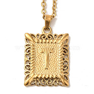 201 Stainless Steel Cable Chain Rectangle with Letter Pendant Necklaces, Golden, Letter T, 19.96 inch(50.7cm)(NJEW-M070-01G-T)