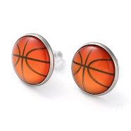 Sport Balls Glass & 304 Stainless Steel Stud Earrings for Women, Stainless Steel Color, Basketball, 15.5mm(EJEW-H005-01P-03)