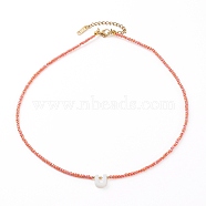 Natural Shell Letter Pendant Necklaces, Initial Necklaces, with Imitation Jade Glass Beads and 304 Stainless Steel Beads, Golden, Dark Salmon, Letter.U, 15.9 inch(40.4cm)(NJEW-JN03305-03)