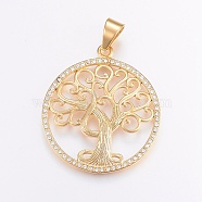 304 Stainless Steel Big Pendants, with Rhinestone, Flat Round with Tree of Life, Golden, 52x45.5x4mm, Hole: 11x8mm(X-STAS-H450-50G)