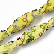 Handmade Gold Sand Lampwork Beads Strands, Bumpy, Rice with Flower Pattern, Yellow, 45~47.5x14.5~15.5mm, Hole: 1.5mm, about 10pcs/Strand, 17.72 inch(LAMP-T007-02C)