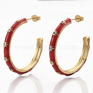 Brass Micro Pave Colorful Cubic Zirconia Stud Earrings, Half Hoop Earrings, with Enamel and Ear Nuts, Real 18K Gold Plated, Sun Pattern, FireBrick, 34~35x34.5x4mm, Pin: 0.7mm(EJEW-S209-14D)