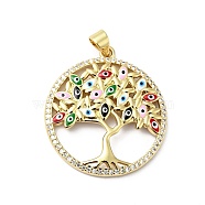 Rack Plating Brass Enamel Pendants, Cadmium Free & Lead Free, Tree of Life with Evil Eye, Real 18K Gold Plated, 29.5x26.5x3.5mm, Hole: 5x3.5mm(ZIRC-I059-06G)
