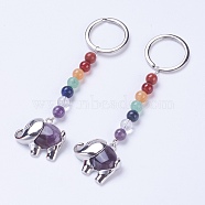 NaturalAmethyst Chakra Keychain, with Mixed Stone and Platinum Plated Brass Key Findings, Elephant, 92mm, Ring: 24x2mm, Bead: 6~7mm, Pendant: 23x26x7mm(KEYC-P040-E10)