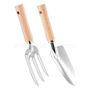 FINGERINSPIRE 2Pcs 2 Styles 430 Stainless Steel Shovels, with Wood Handle, Gardening Tools, for Soil Planting Digging Transplanting, Stainless Steel Color, 260~283x80~85x27.5~32.5mm, Hole: 9.5mm, 1pc/style(TOOL-FG0001-25)