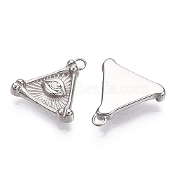 304 Stainless Steel Pendants, Manual Polishing, Triangle with Eye Charm, Stainless Steel Color, 17x16x3mm, Hole: 1.8mm(STAS-T064-31P)