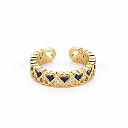 Cubic Zirconia Heart Cuff Ring, Real 18K Gold Plated Brass Open Ring for Women, Nickel Free, Prussian Blue, US Size 6(16.5mm)(RJEW-S045-135D)