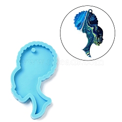 Black Women Portrait DIY Pendant Silicone Molds, Resin Casting Molds, for UV Resin & Epoxy Resin Jewelry Making, Deep Sky Blue, 79x50x7.5mm, Hole: 4mm(SIMO-C007-01C)